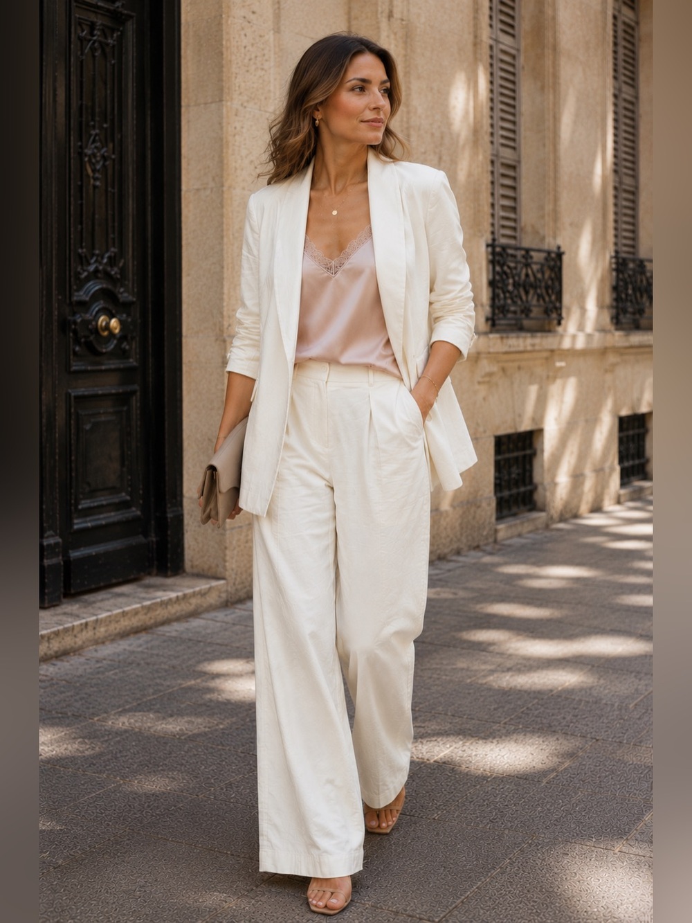 MAXAZRIA Collection White Blazer & Pants Suit Set Size 10 Cotton Blend Career